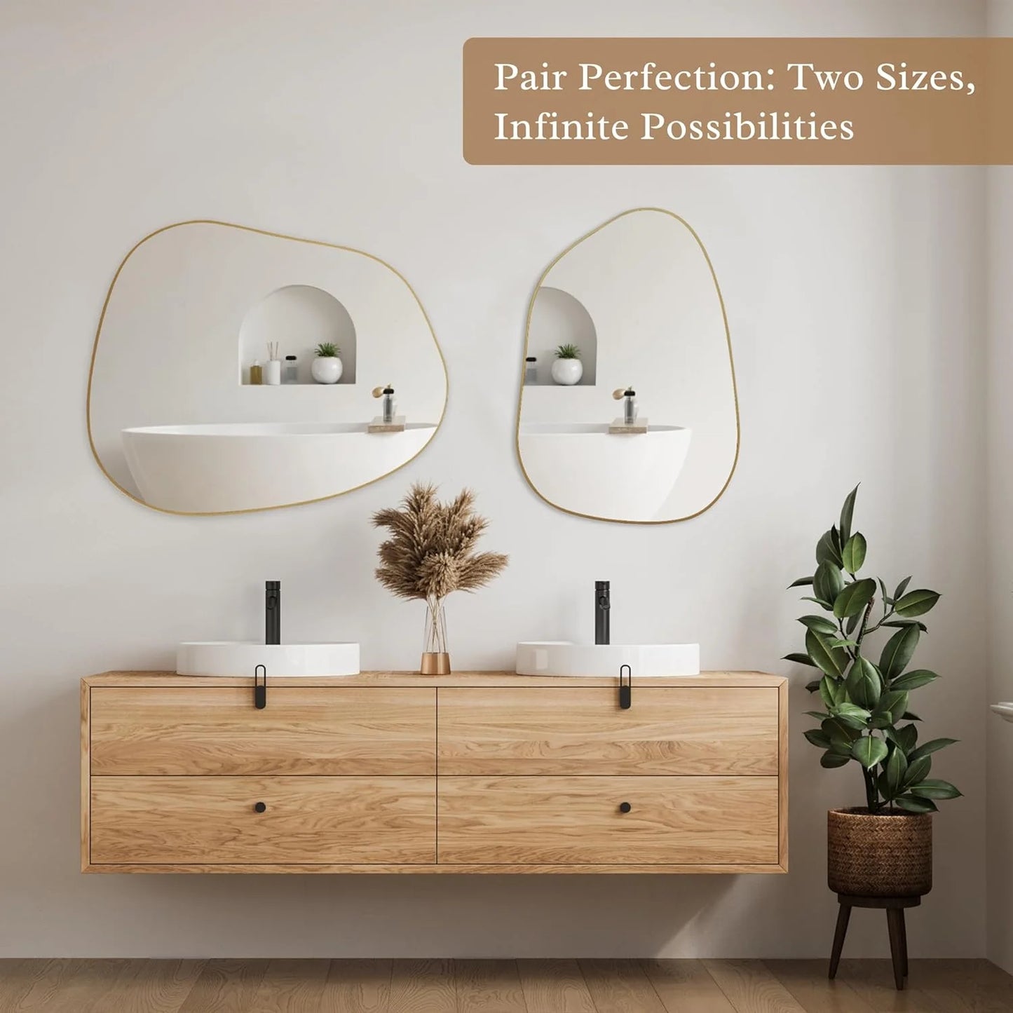 Irregular Wall Mirror Asymmetrical Mirror, 28''X20'' Golden Wood Framed Mirror for Bathroom Bedroom Living Room Entryway